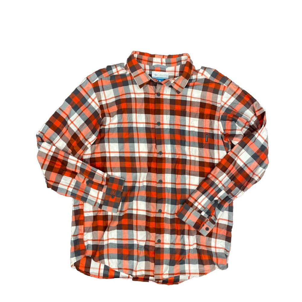 Columbia Shirt Men's Button Down Long Sleeve Logo Orange Plaid Cotton Fall XL
